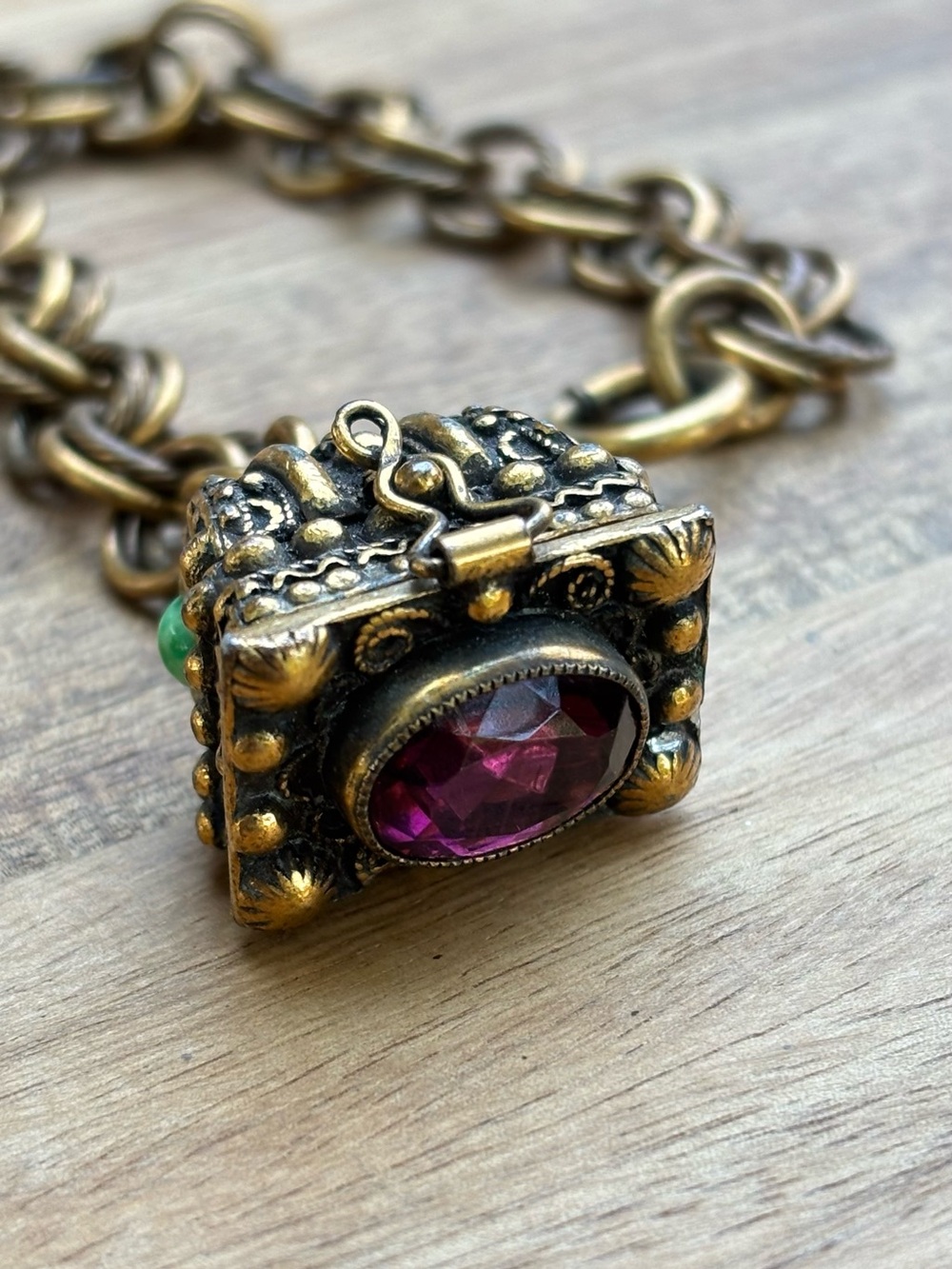 Etruscan style gold tone bracelet with box charm